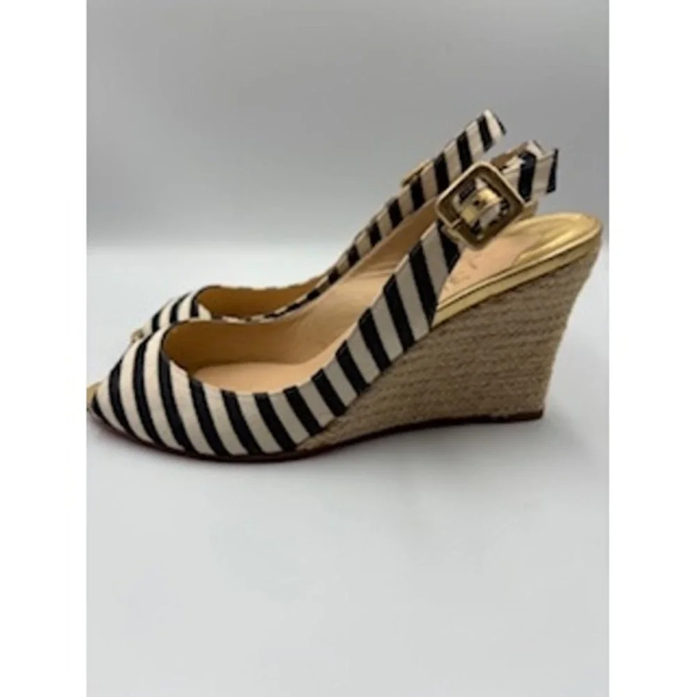 Christian Louboutin Espadrille Wedges Navy White Striped Gold Slingback 41